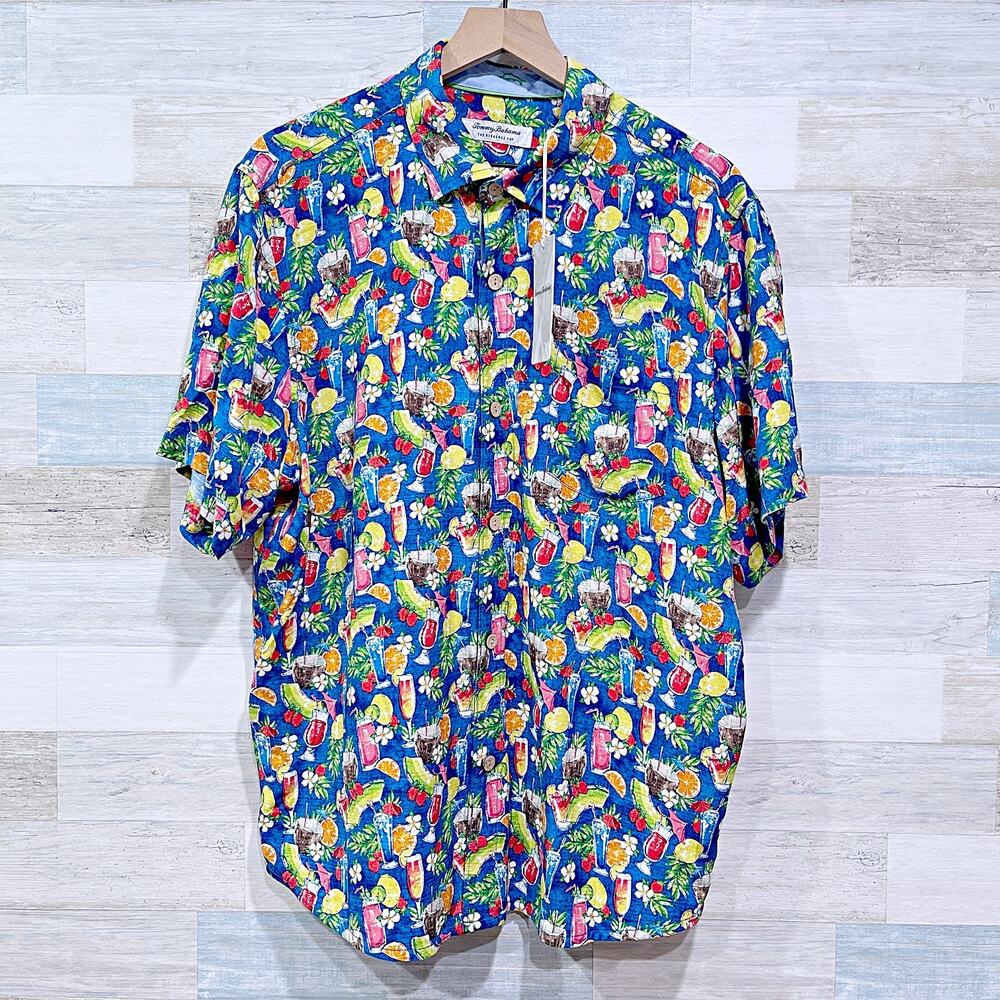 Tommy Bahama Veracruz Cay Happy Hour Shirt Blue Floral Cocktail Mens Large
